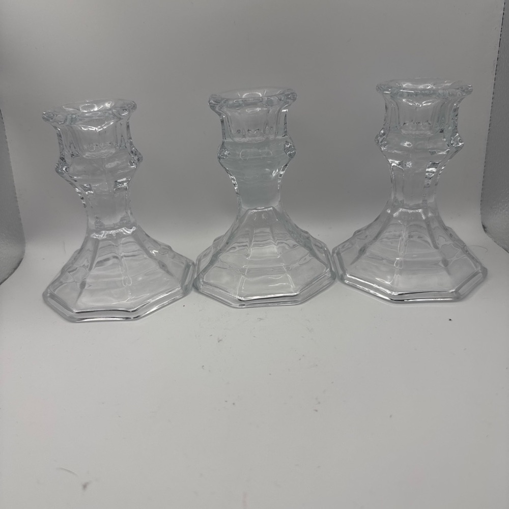 Clear Glass Octagonal Candlestick Holder - Set of 3